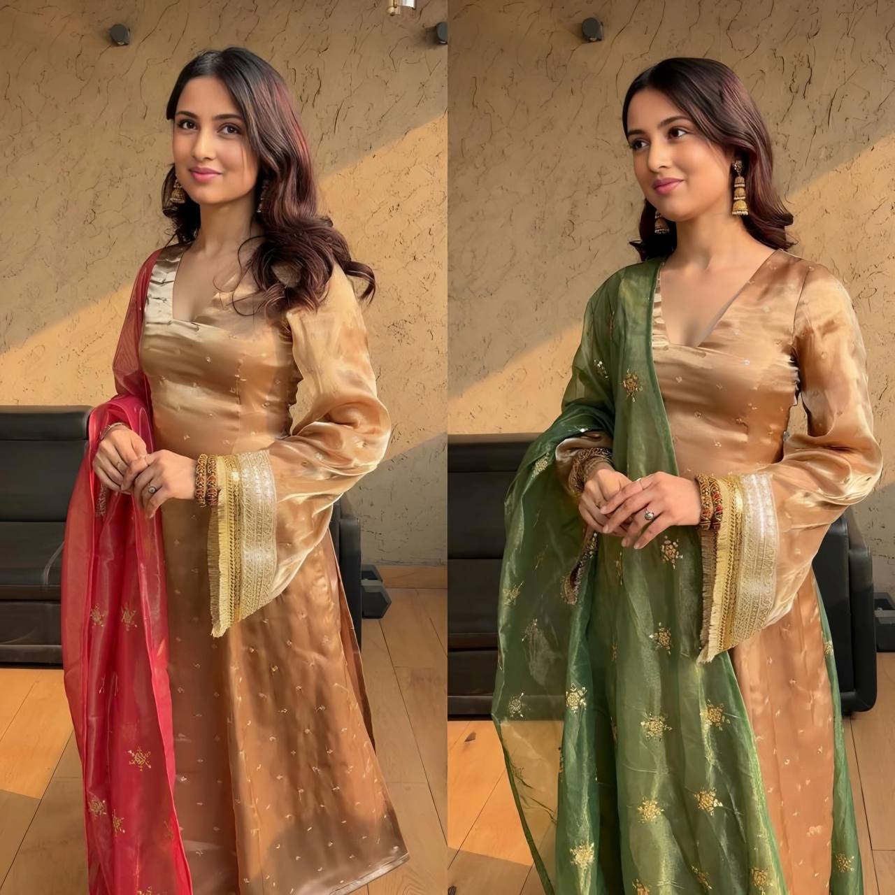 Glossy Embroidered Work Chiku Color Salwar Suit With  Dupatta