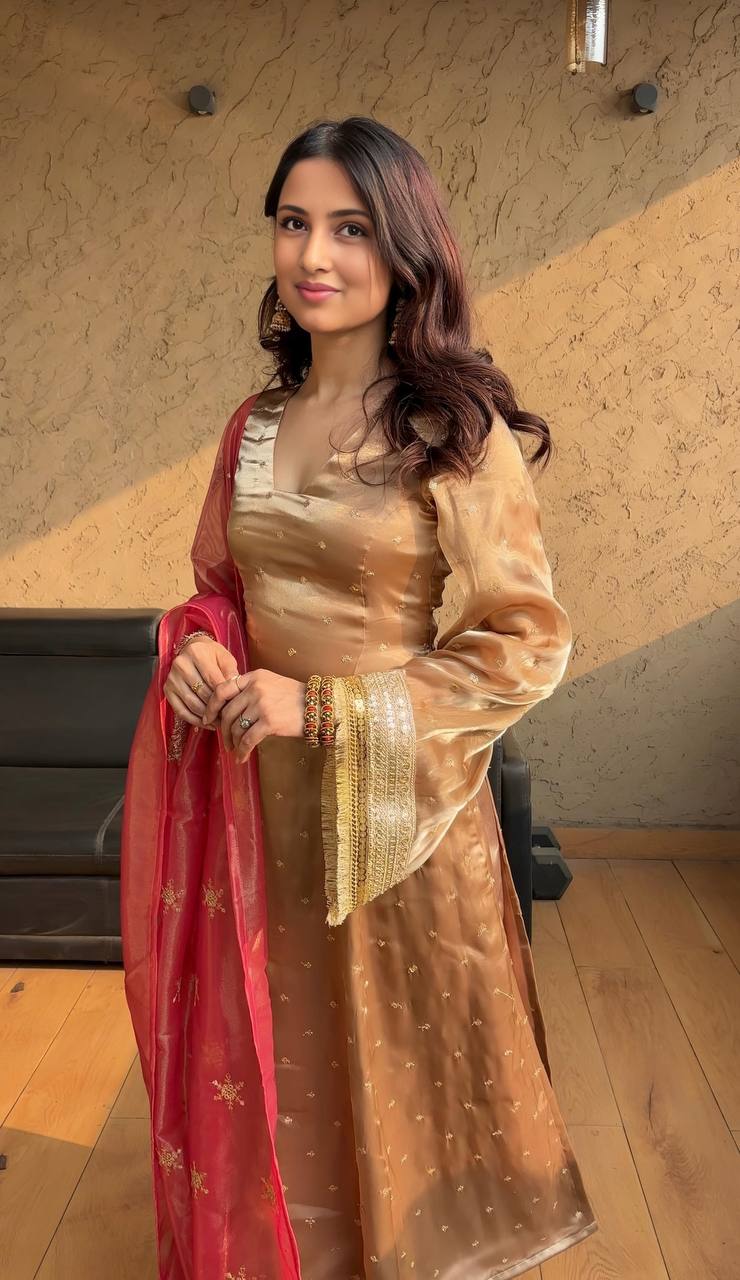 Glossy Embroidered Work Chiku Color Salwar Suit With  Dupatta
