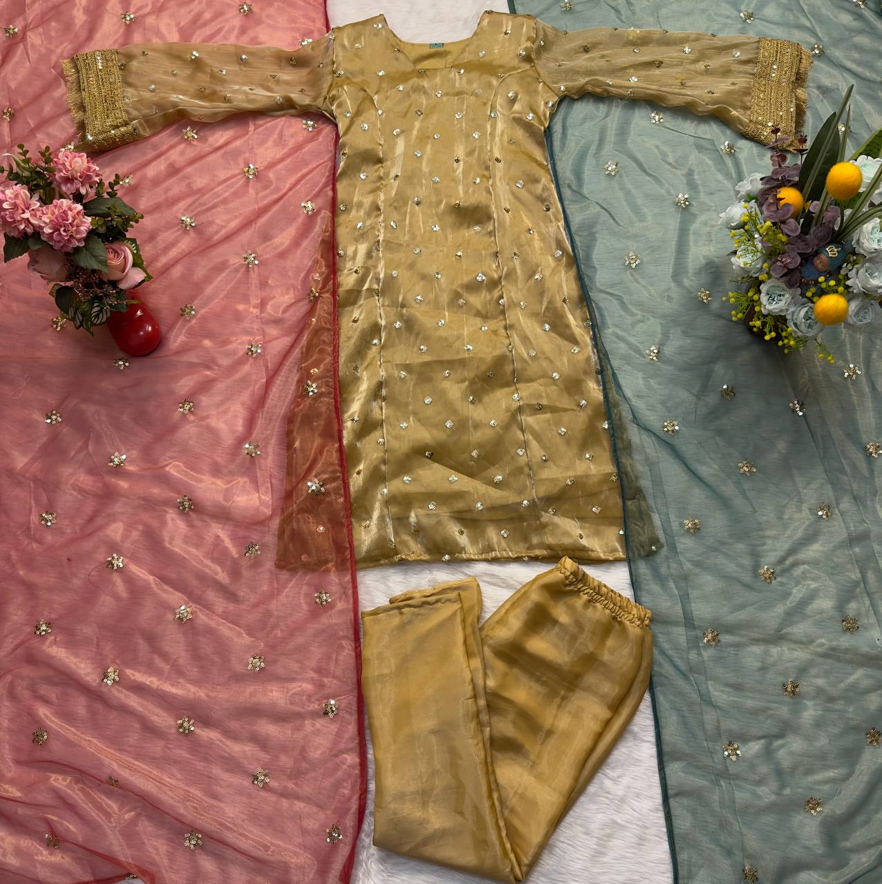 Glossy Embroidered Work Chiku Color Salwar Suit With  Dupatta