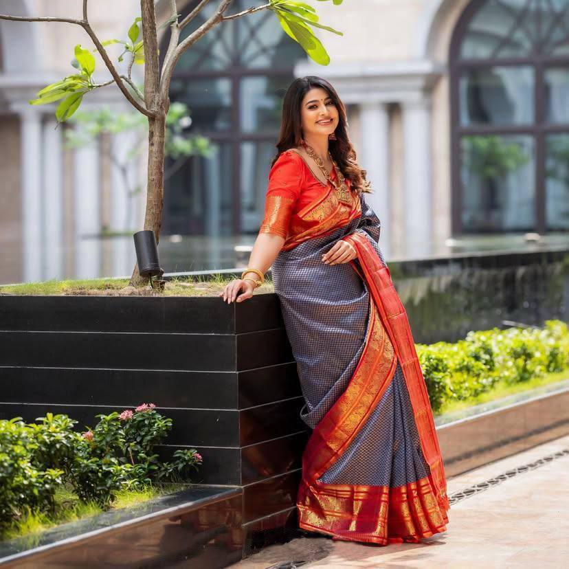 Blue And Orange Color In Demand Soft Banarasi Silk Saree with Classy Blouse Piece