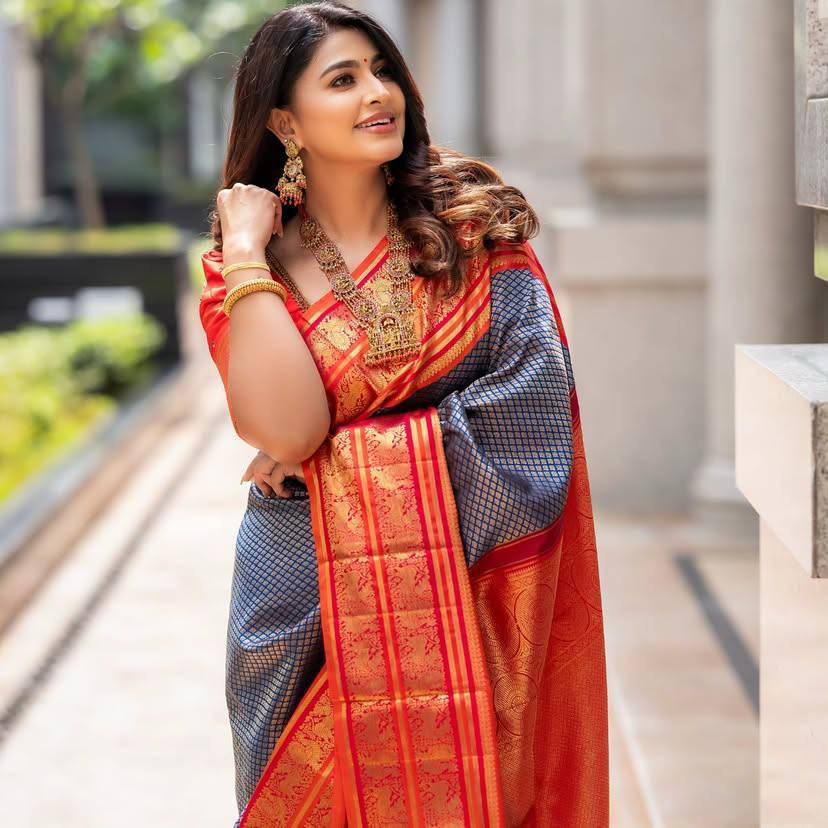 Blue And Orange Color In Demand Soft Banarasi Silk Saree with Classy Blouse Piece