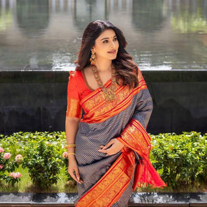 Blue And Orange Color In Demand Soft Banarasi Silk Saree with Classy Blouse Piece
