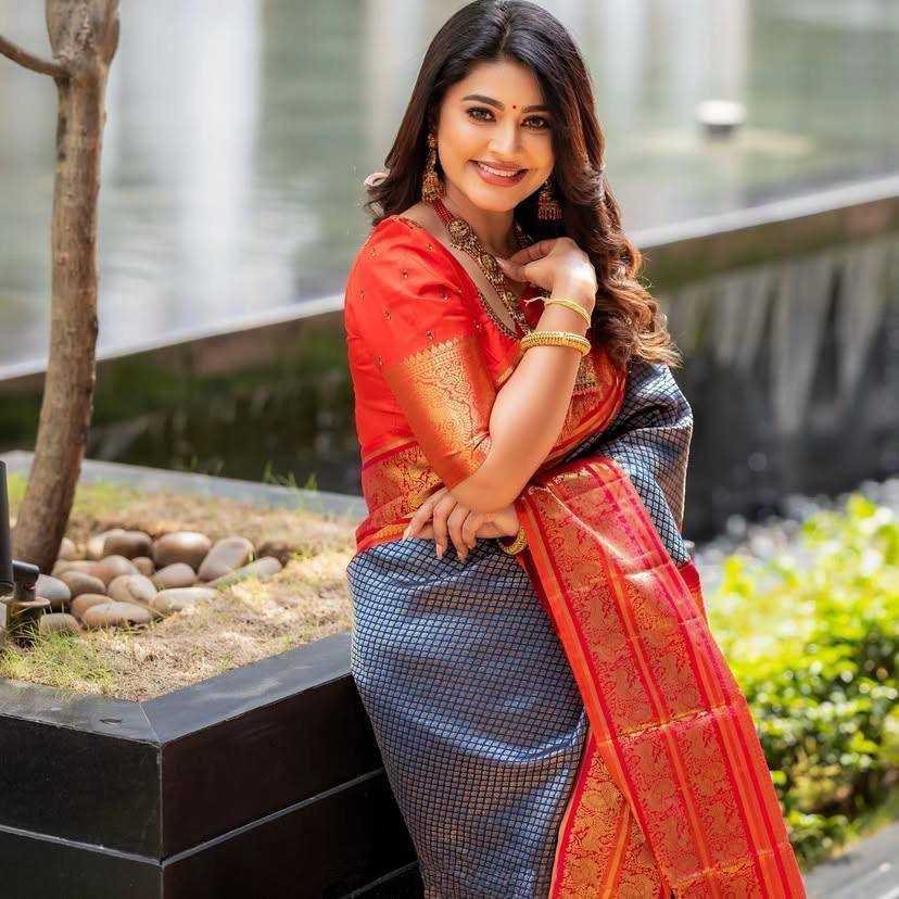 Blue And Orange Color In Demand Soft Banarasi Silk Saree with Classy Blouse Piece