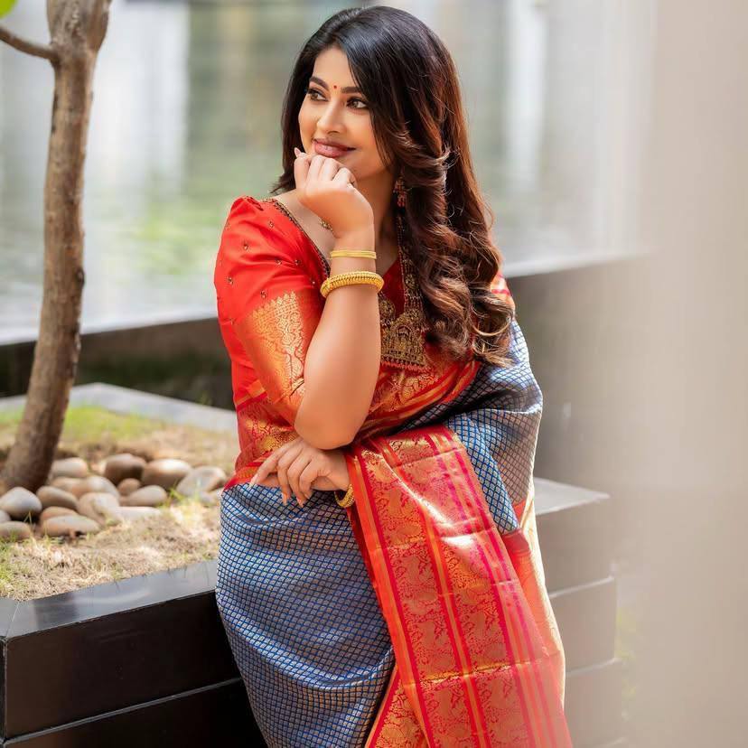 Blue And Orange Color In Demand Soft Banarasi Silk Saree with Classy Blouse Piece
