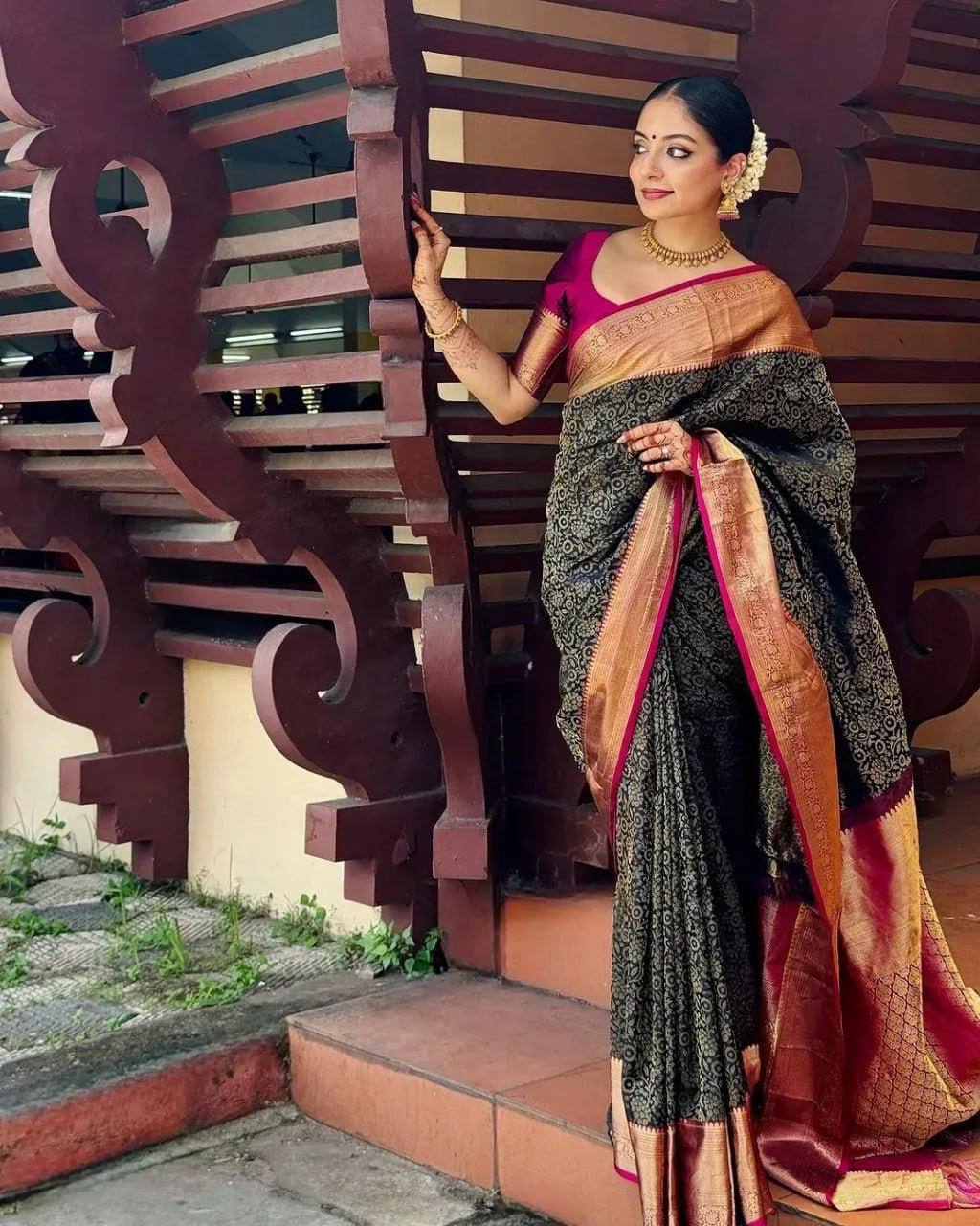 Royal Soft Lichi Silk Saree with Contrast Jacquard Blouse