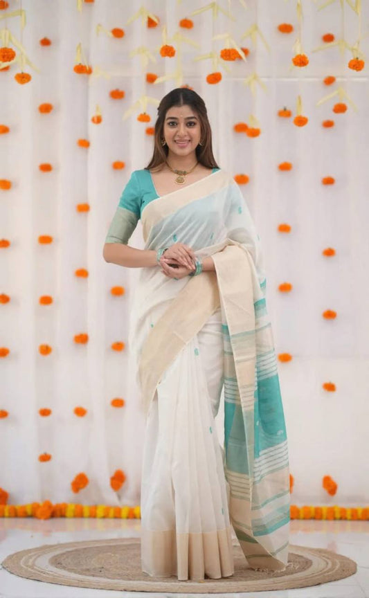 SOFT LILAN SLUB FABRIC JACQUARD SAREE - SKY