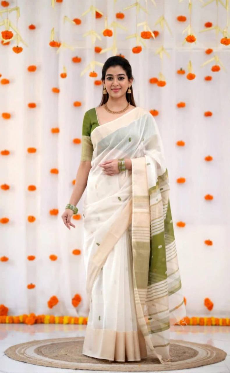 SOFT LILAN SLUB FABRIC JACQUARD SAREE - mehndi green