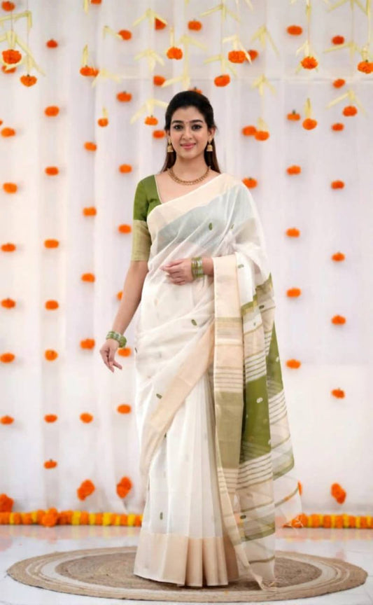SOFT LILAN SLUB FABRIC JACQUARD SAREE - mehndi green