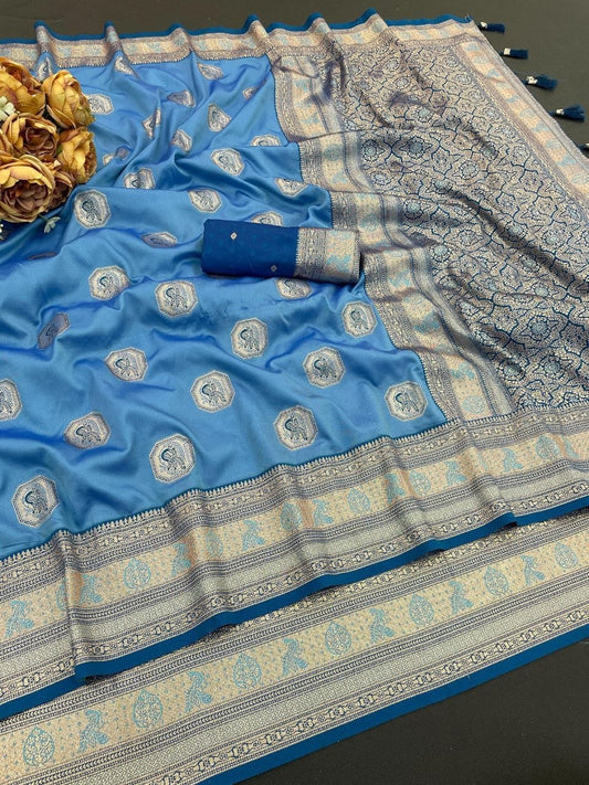 Royal sky blue Jacquard Elegance Saree with Designer Pallu