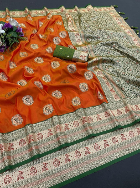 Royal Safety Orange Jacquard Elegance Saree with Designer Pallu