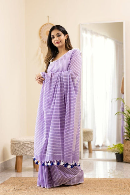 Striped Chanderi Cotton Blend Saree PURPLE