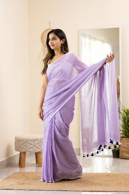 Striped Chanderi Cotton Blend Saree PURPLE