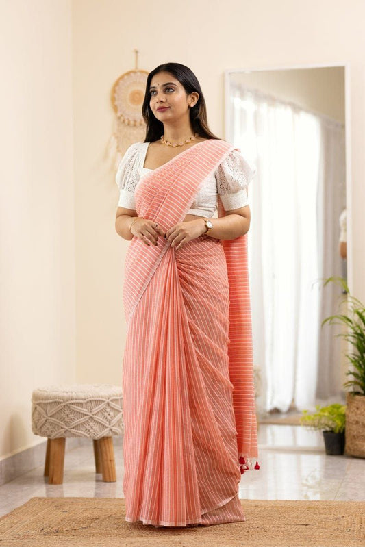 Striped Chanderi Cotton Blend Saree pich
