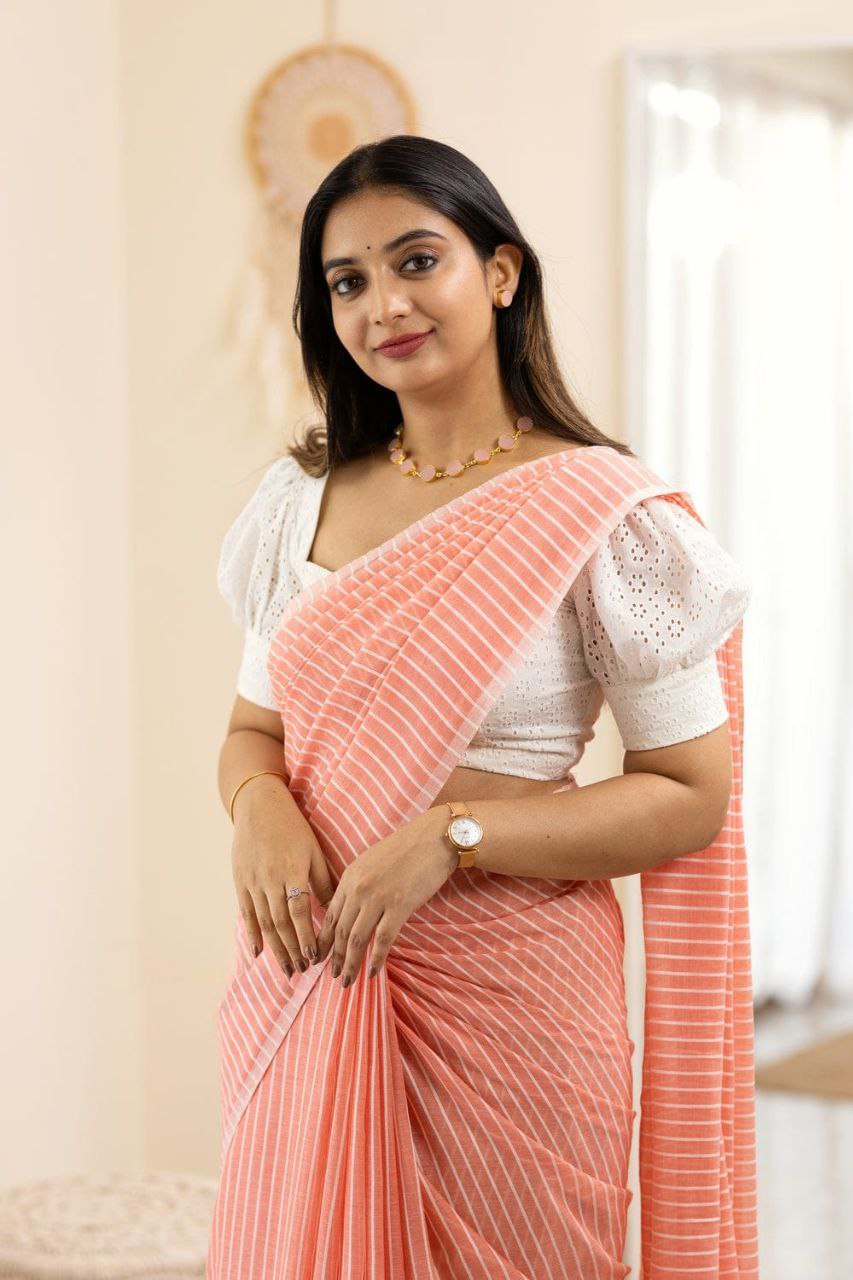 Striped Chanderi Cotton Blend Saree pich