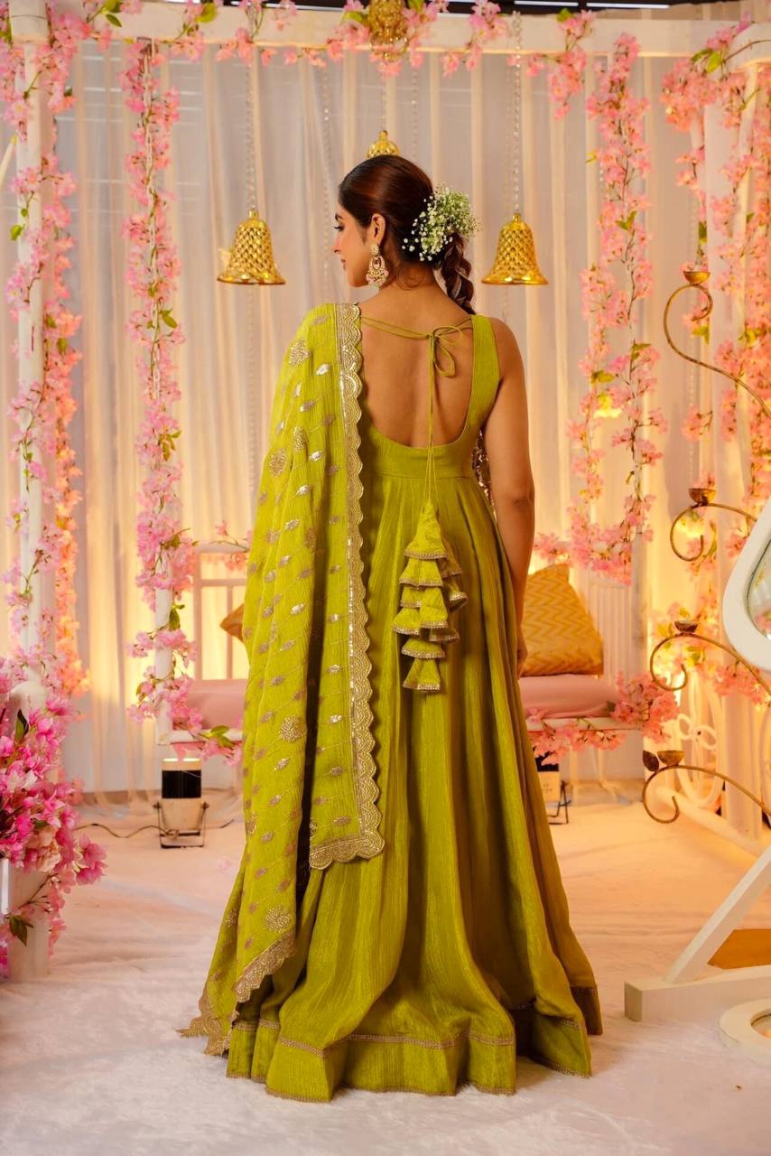 New Launching Embroidery Sequence Zari Work Gown Pant With Dupatta