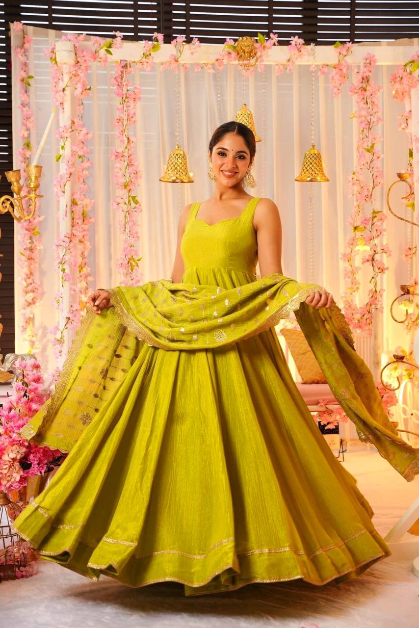 New Launching Embroidery Sequence Zari Work Gown Pant With Dupatta