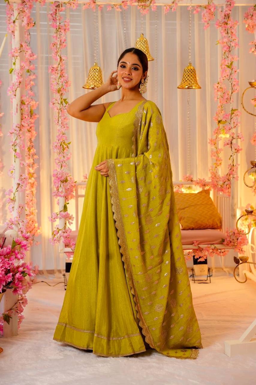 New Launching Embroidery Sequence Zari Work Gown Pant With Dupatta