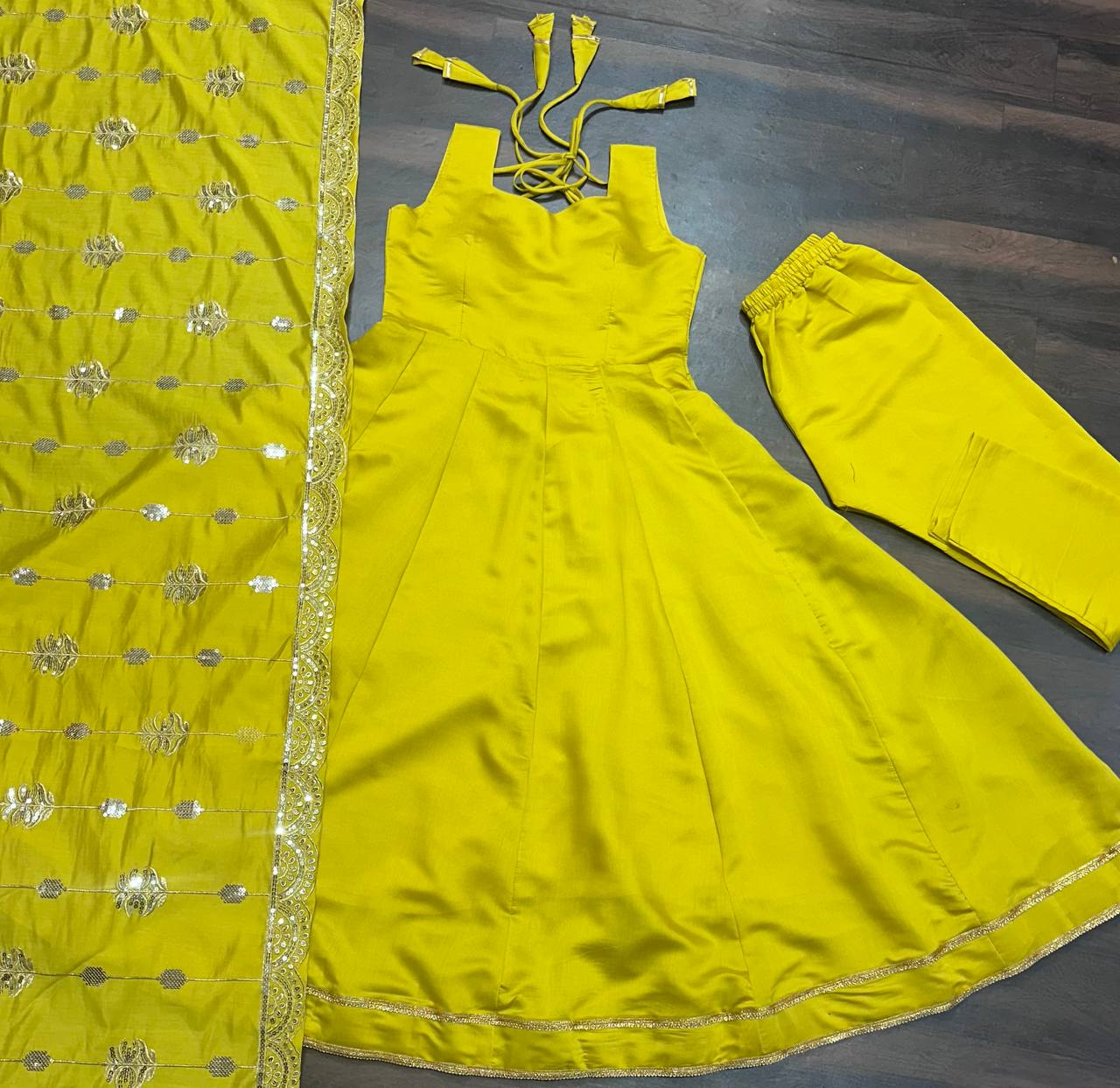New Launching Embroidery Sequence Zari Work Gown Pant With Dupatta