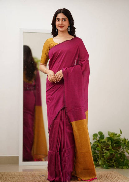 Traditional Magenta Saree with Mustard Contrast Blouse