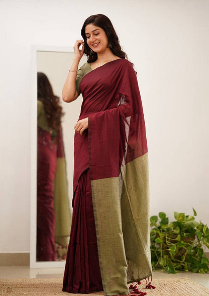 Elegant Maroon Saree with Olive Green Pallu