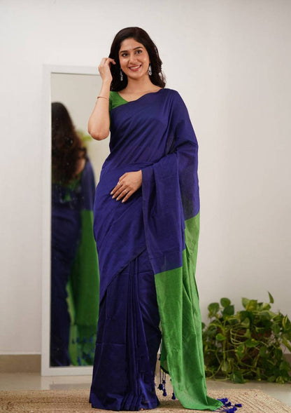 Minimalist Royal Blue & Parrot Green Cotton Silk Saree