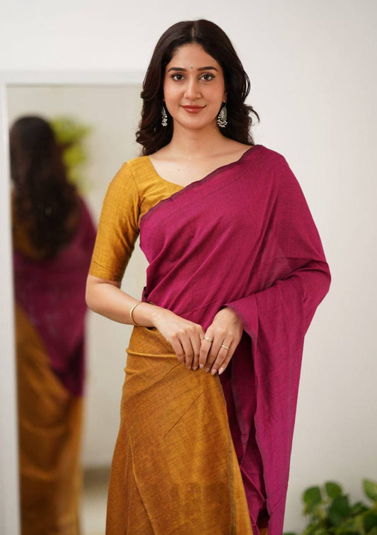 Traditional Magenta Saree with Mustard Contrast Blouse