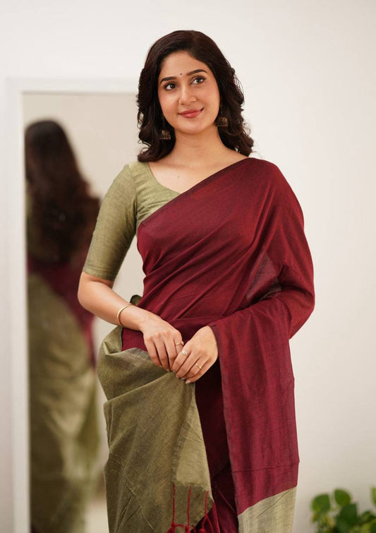 Elegant Maroon Saree with Olive Green Pallu