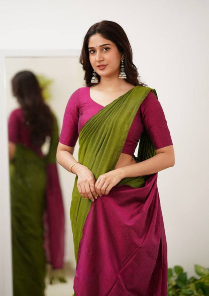 Elegant Olive Green & Magenta Contrast Saree with Tassel Detailing