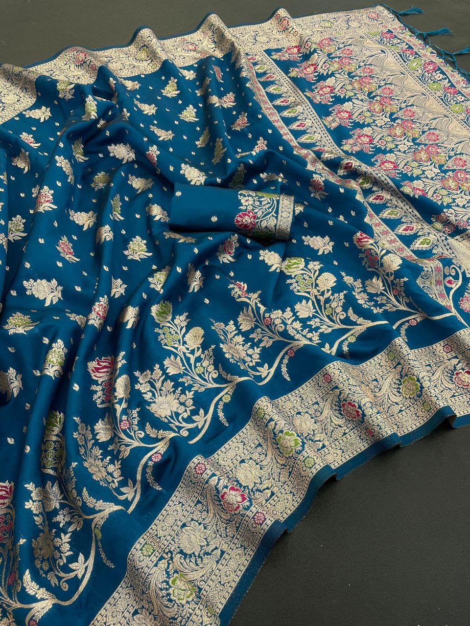 Traditional Banarasi Inspired Floral Weave Saree -Teal blue