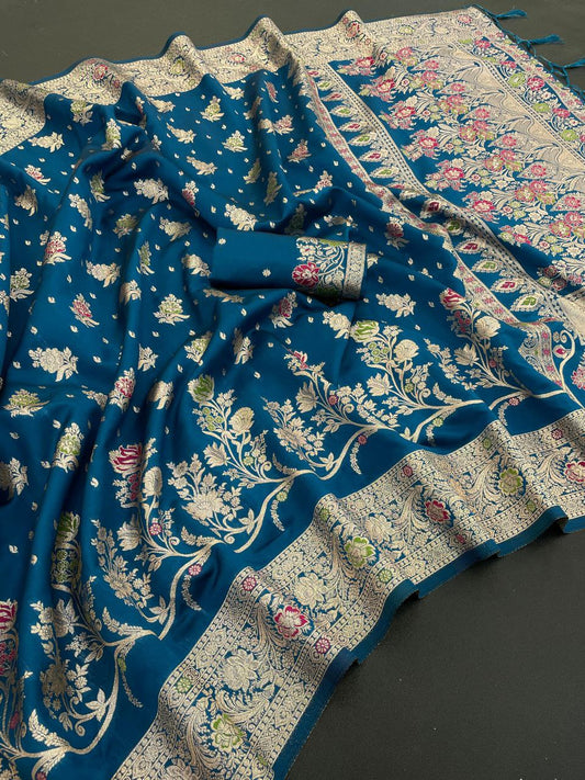 Traditional Banarasi Inspired Floral Weave Saree -Teal blue