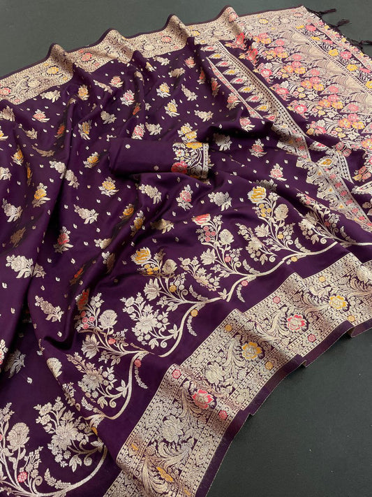 Traditional Banarasi Inspired Floral Weave Saree - Wine