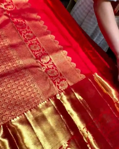 Red Banarasi Silk Saree with Heavy Gold Zari Border