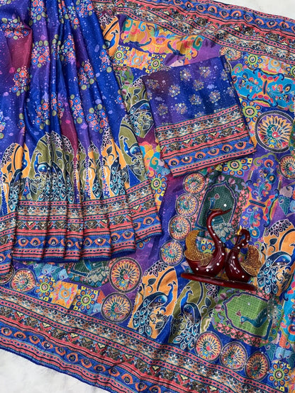 Zephyr Multicolor Chinon Silk Printed Mirror Work Saree - BLUE