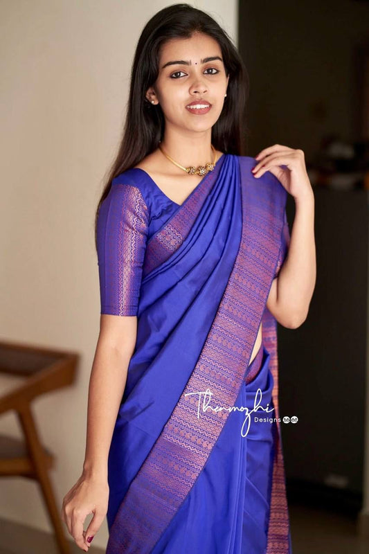 Attractive Kanjivaram Woven Silk Saree With Blouse Piece BLUE