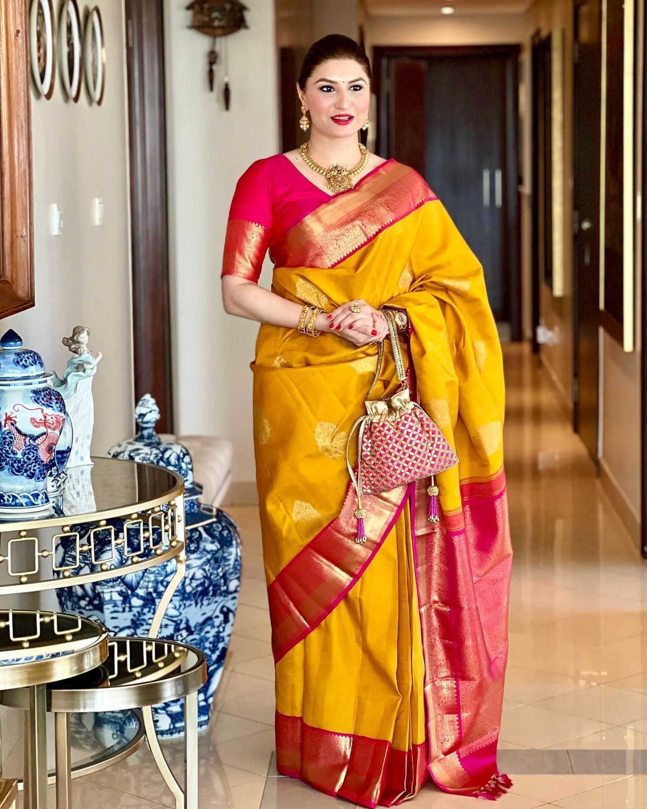 Yellow Colour Kanjivaram Woven Silk Saree With Blouse Piece
