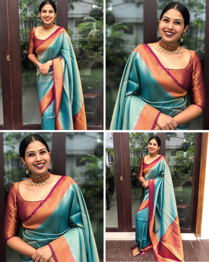Wedding Wear Kanjivaram Woven Silk Saree With Blouse Piece - INDIGO