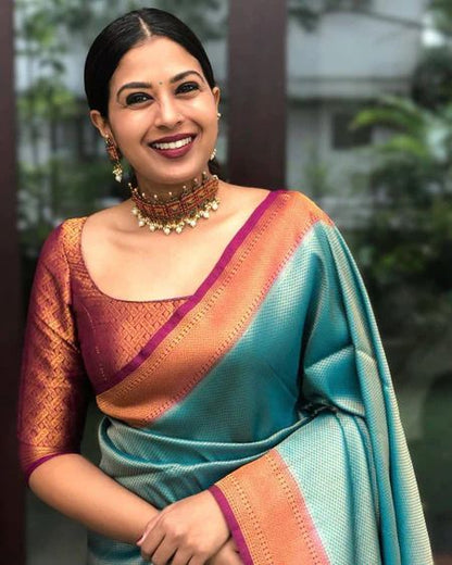 Wedding Wear Kanjivaram Woven Silk Saree With Blouse Piece - INDIGO