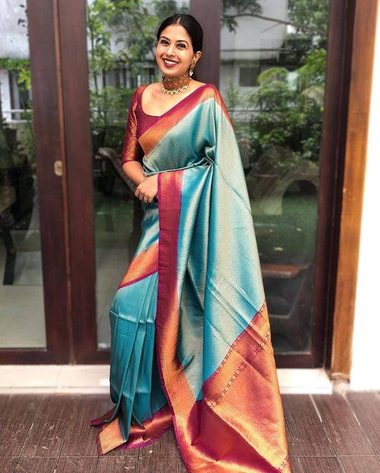 Wedding Wear Kanjivaram Woven Silk Saree With Blouse Piece - INDIGO