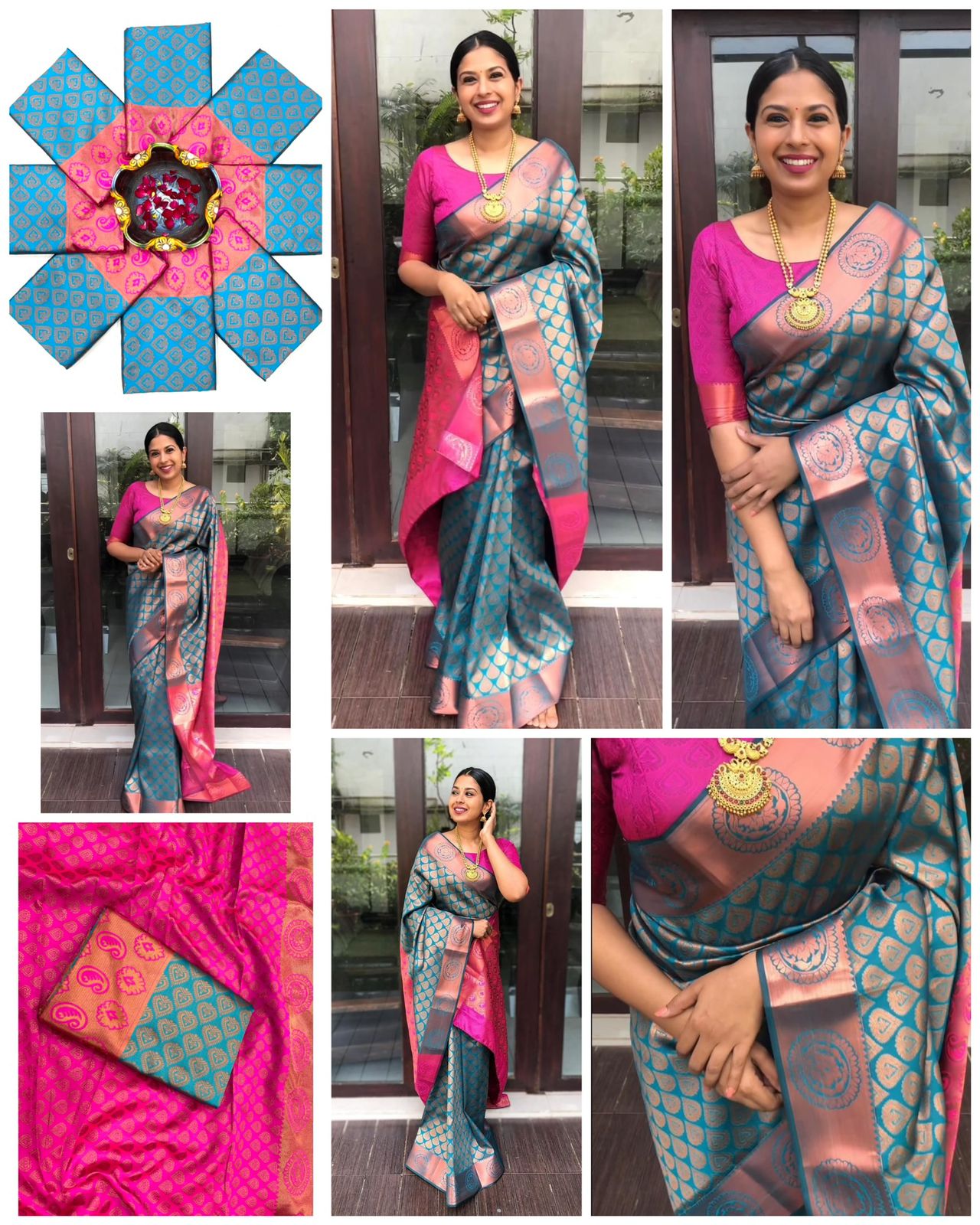 Blue and Pink Colour Kanjivaram Woven Silk Saree With Blouse Piece