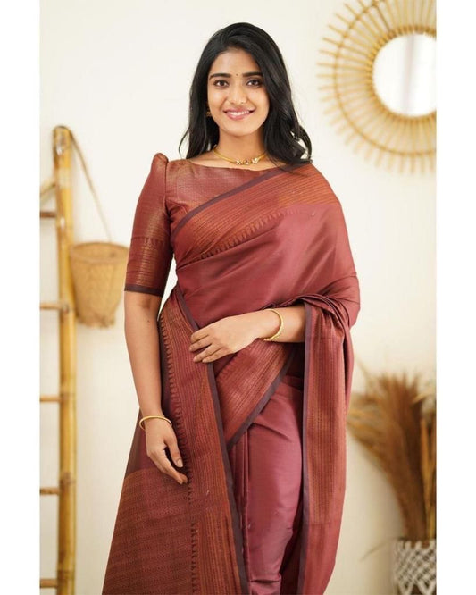Beautiful Kanjivaram Woven Silk Saree With Blouse Piece - Brown