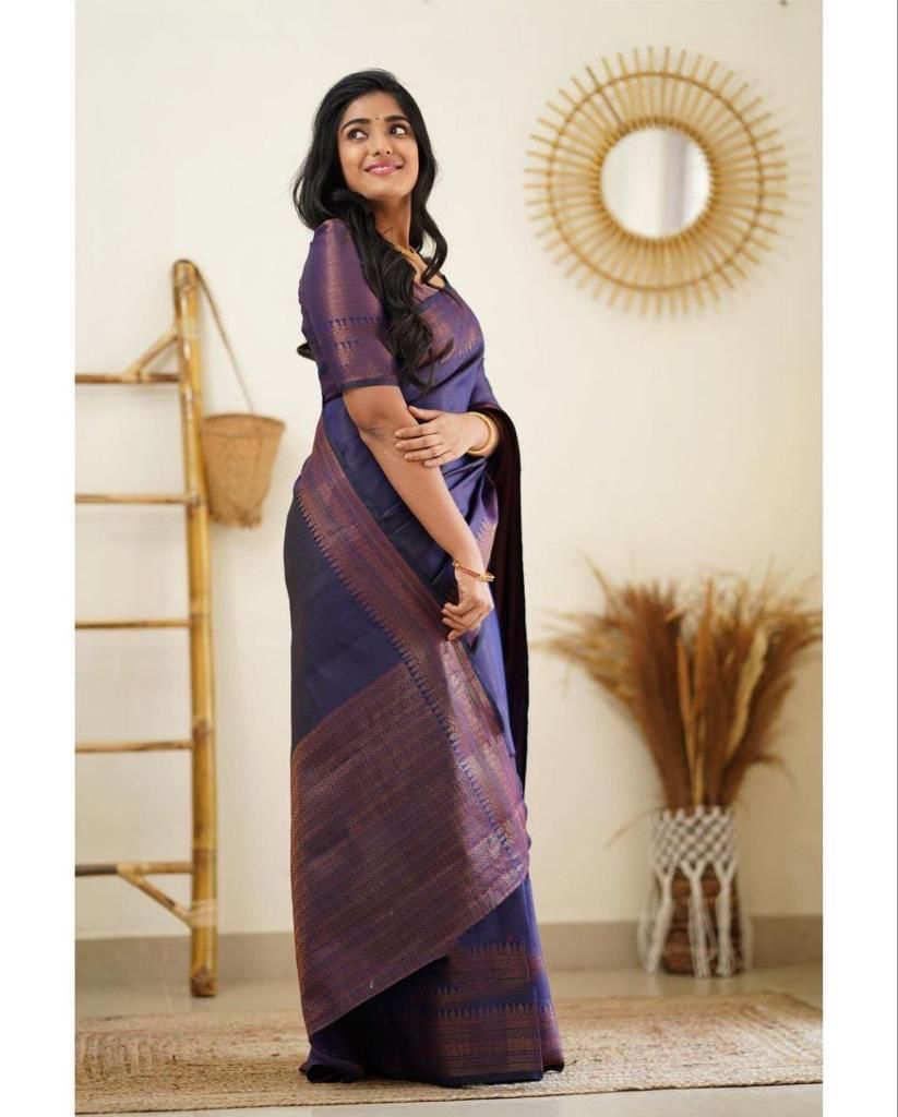 Beautiful Kanjivaram Woven Silk Saree With Blouse Piece -Purple