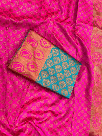 Blue and Pink Colour Kanjivaram Woven Silk Saree With Blouse Piece