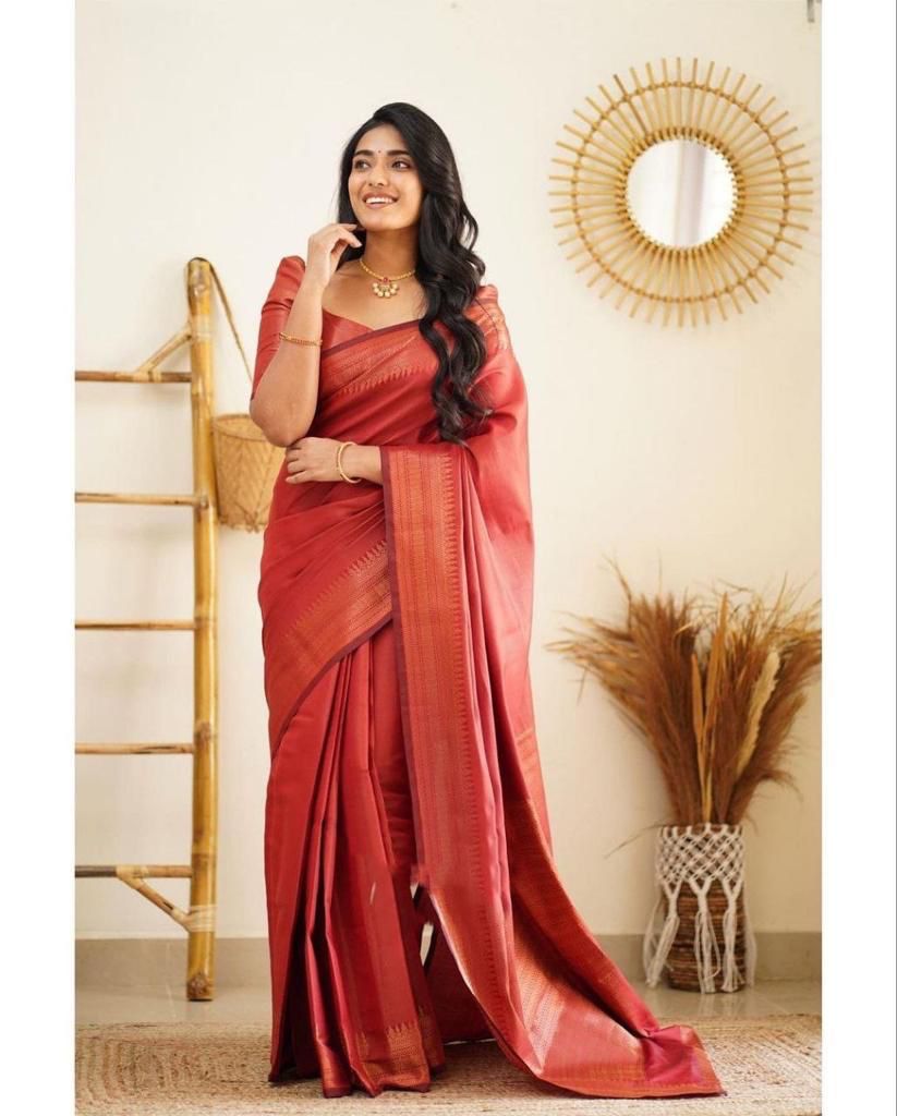 Beautiful Kanjivaram Woven Silk Saree With Blouse Piece- RED