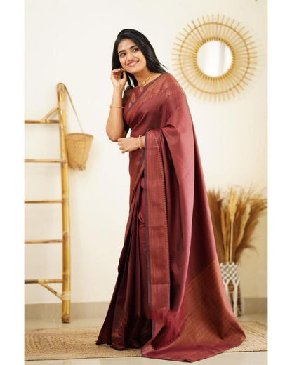 Beautiful Kanjivaram Woven Silk Saree With Blouse Piece - Brown