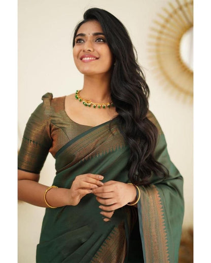 Beautiful Kanjivaram Woven Silk Saree With Blouse Piece - Green