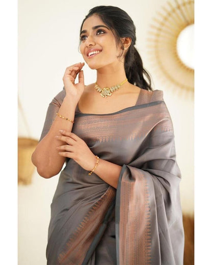 Beautiful Kanjivaram Woven Silk Saree With Blouse Piece - Grey