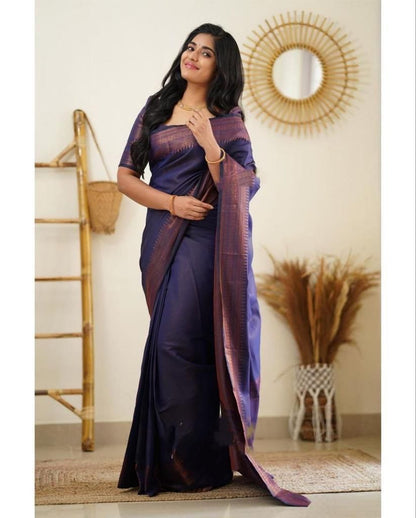 Beautiful Kanjivaram Woven Silk Saree With Blouse Piece -Purple