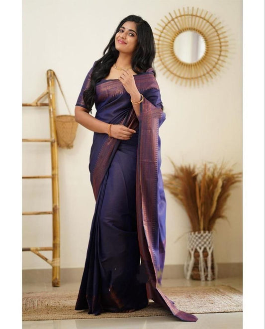 Beautiful Kanjivaram Woven Silk Saree With Blouse Piece -Purple