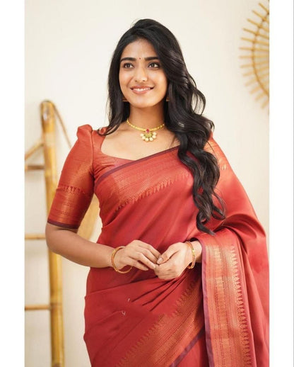 Beautiful Kanjivaram Woven Silk Saree With Blouse Piece- RED
