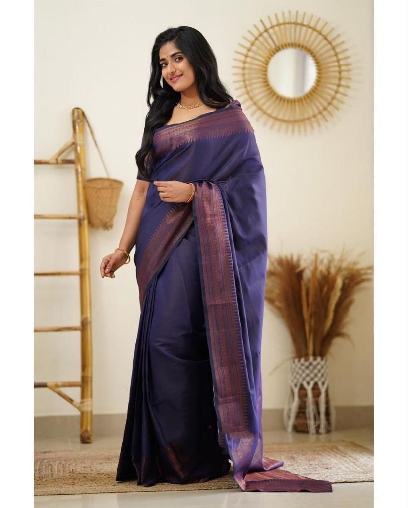 Beautiful Kanjivaram Woven Silk Saree With Blouse Piece -Purple